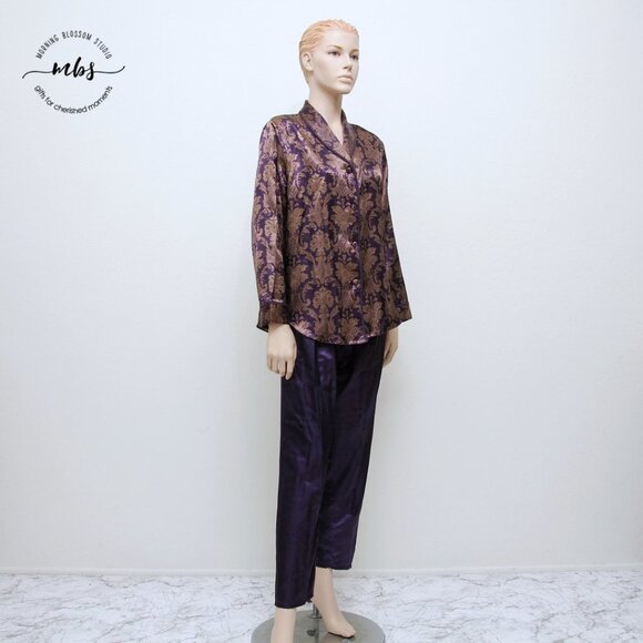 Design Studio Floral Brocade Pajama & Robe Set Tassel Tie Purple Golden Women S - Picture 4 of 16